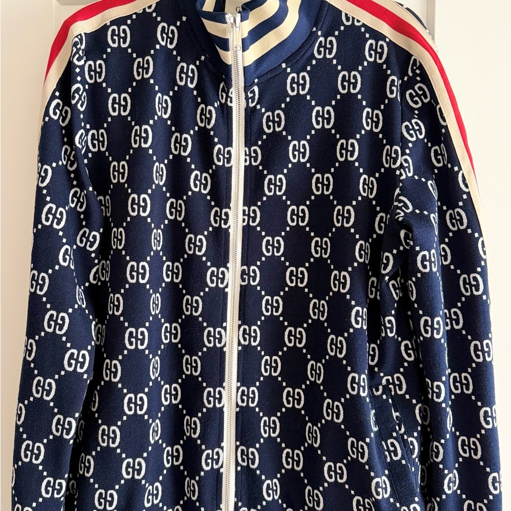 Gucci Navy GG Jacquard Zip Track Jacket with Red Shoulder Stripe